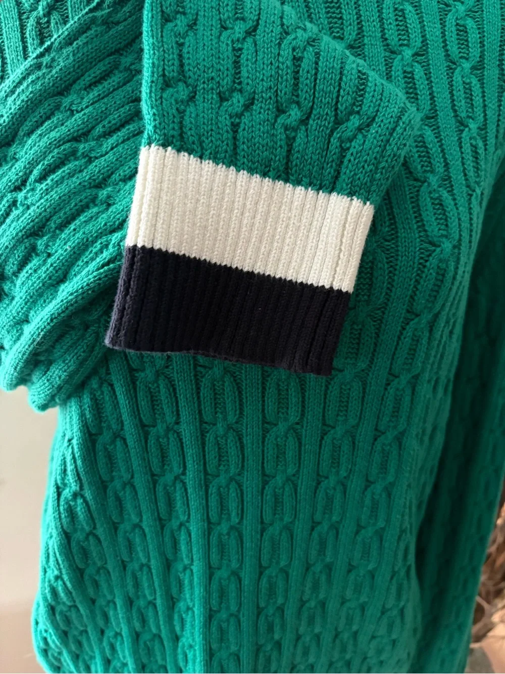 Tommy Hilfiger Green Cable Knit Crewneck Sweater with Striped Hem